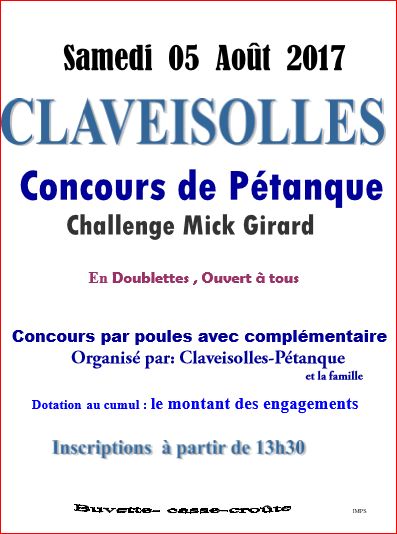 Concours samedi 05 août 2017 CLAVEISOLLES PÉTANQUE Concours samedi 05 août 2017 CLAVEISOLLES PÉTANQUE