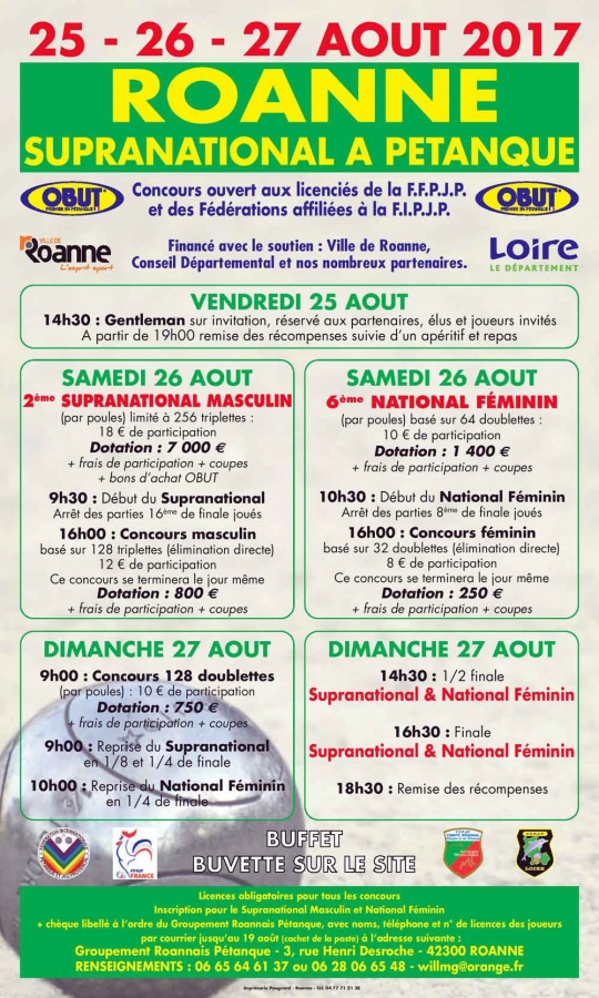 Roanne 2ème Supra National à pétanque et 6ème national féminin 25 - 26 - 27 Août 2017