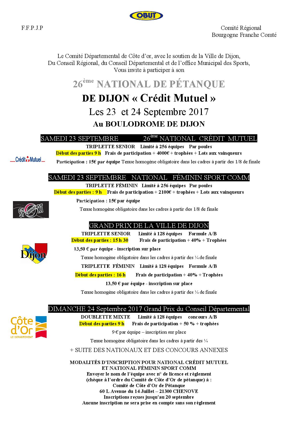 National de Dijon Triplette Senior + National de Dijon Triplette Féminin des 23 et 24 septembre 2017.