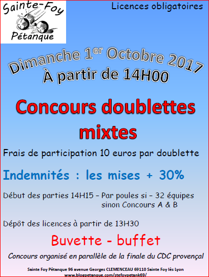 Concours doublette mixte le 1 er octobre à Ste Foy Pétanque