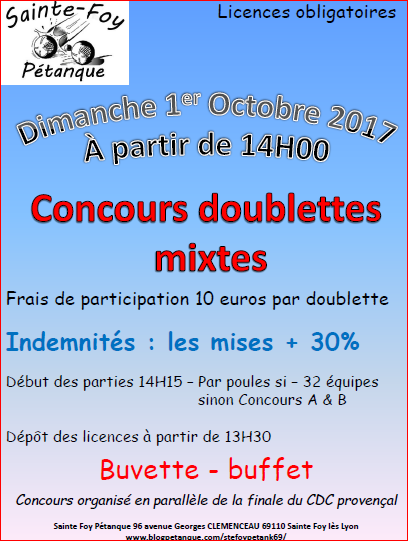 Concours doublette mixte le 1 er octobre à Ste Foy Pétanque Concours doublette mixte le 1 er octobre à Ste Foy Pétanque