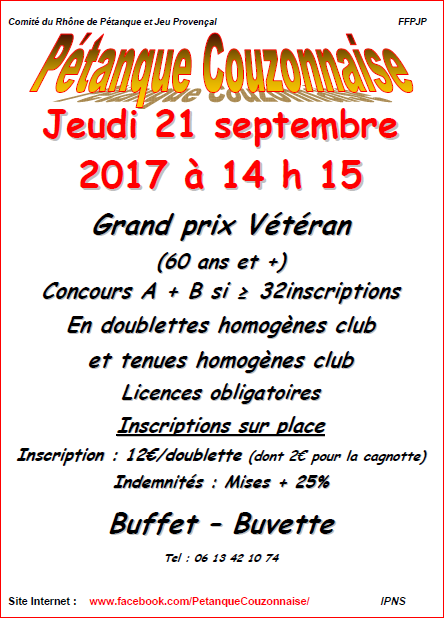 Grand Prix Vétérans à Couzon. jeudi 21 septembre 2017