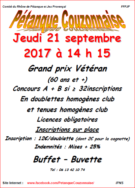 Grand Prix Vétérans à Couzon. jeudi 21 septembre 2017 Grand Prix Vétérans à Couzon. jeudi 21 septembre 2017