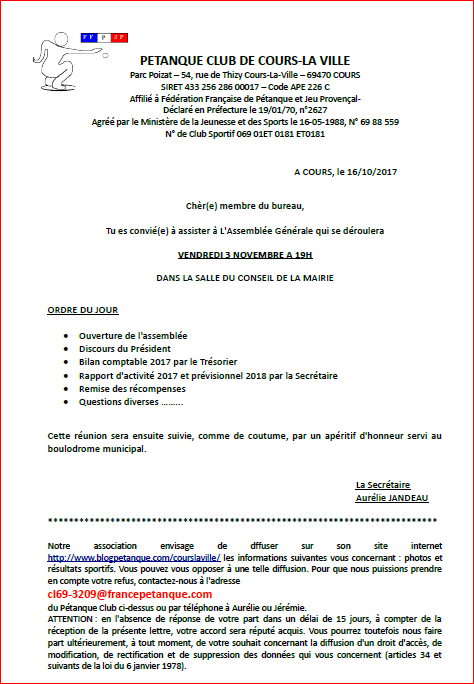 Assemblée Générale du PÉTANQUE CLUB DE COURS LA VILLE vendredi 3 novembre 2017 A 19H dans La SALLE DU CONSEIL DE LA MAIRIE Assemblée Générale du PÉTANQUE CLUB DE COURS LA VILLE vendredi 3 novembre 2017 A 19H dans La SALLE DU CONSEIL DE LA MAIRIE