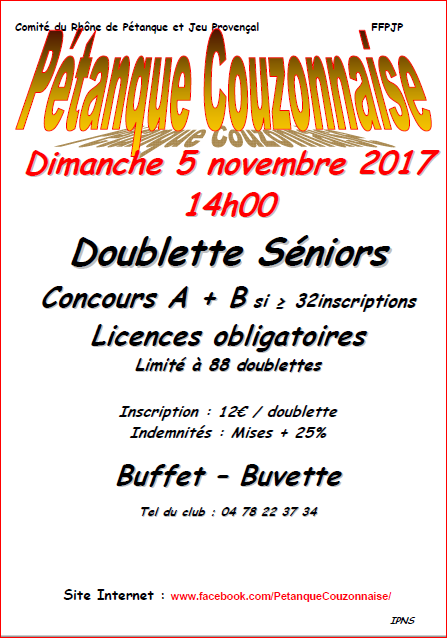 Concours Doublette Seniors à Couzon le dimanche 5 Novembre 2017