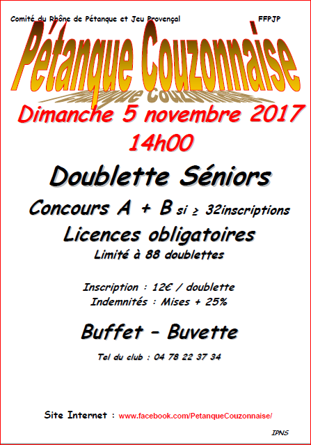 Concours Doublette Seniors à Couzon le dimanche 5 Novembre 2017 Concours Doublette Seniors à Couzon le dimanche 5 Novembre 2017