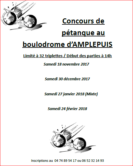 Concours de pétanque au boulodrome d’AMPLEPUIS saison 2017 / 2018 Concours de pétanque au boulodrome d’AMPLEPUIS saison 2017 / 2018