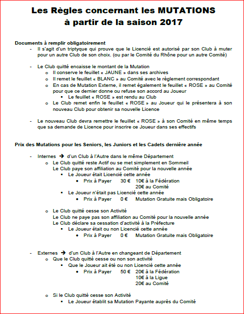Les Règles concernant les MUTATIONS à partir de la saison 2017 Les Règles concernant les MUTATIONS à partir de la saison 2017