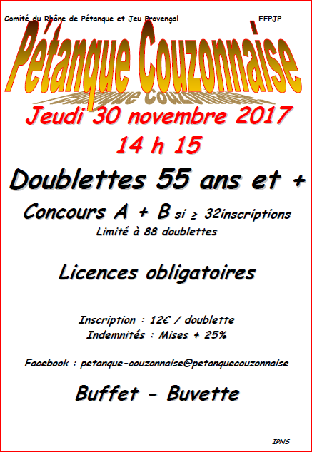 Concours doublette vétérans jeudi 30 novembre 2017 couzon Concours doublette vétérans jeudi 30 novembre 2017 couzon