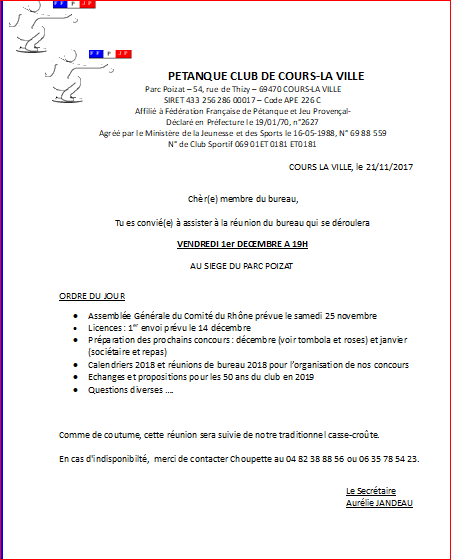 Réunion du bureau  VENDREDI 1er DECEMBRE A 19H AU SIEGE DU PARC POIZAT  Réunion du bureau  VENDREDI 1er DECEMBRE A 19H AU SIEGE DU PARC POIZAT