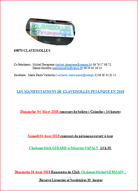 Concours et Dates des manifestations 2018 de CLAVEISOLLES PETANQUE
