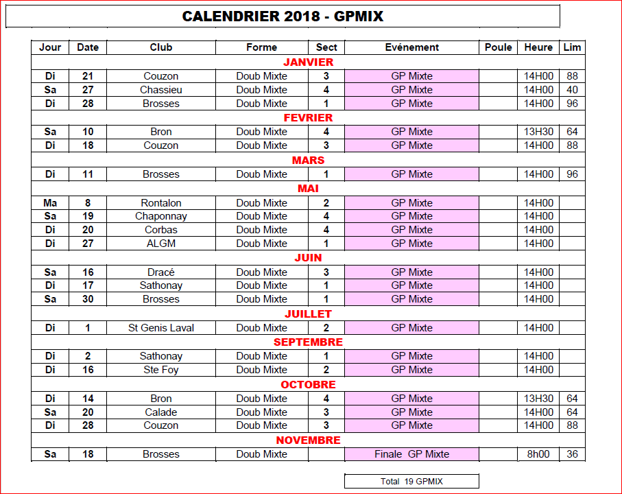 CALENDRIER 2018  GPMIX CALENDRIER 2018  GPMIX
