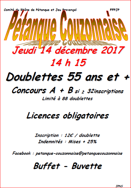 Concours Doublette 55 ans et + à Couzon du 14 décembre 2017