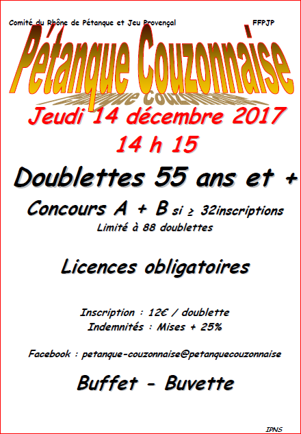 Concours Doublette 55 ans et + à Couzon du 14 décembre 2017 Concours Doublette 55 ans et + à Couzon du 14 décembre 2017