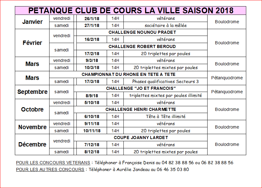 CALENDRIER PÉTANQUE CLUB DE COURS LA VILLE SAISON 2018