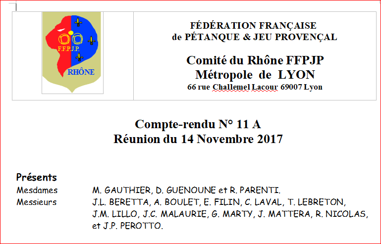 Compte-rendu N° 11 A Réunion du 14 Novembre 2017 Compte-rendu N° 11 A Réunion du 14 Novembre 2017