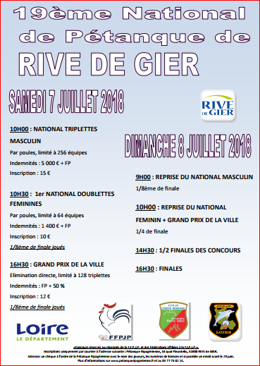 19 ème National de pétanque de RIVE DE GIER samedi 08 juillet 2018 19 ème National de pétanque de RIVE DE GIER samedi 08 juillet 2018
