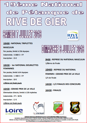 19 ème National de pétanque de RIVE DE GIER samedi 08 juillet 2018