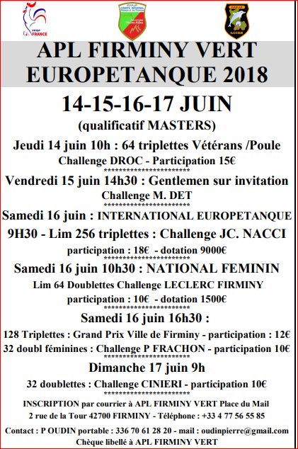 EUROPETANQUE  14.15.16.17 juin 2018 Firminy