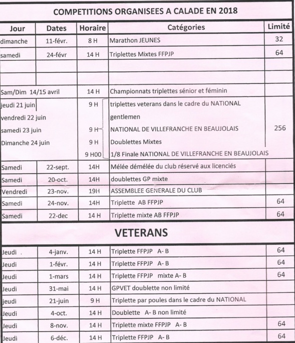 CALENDRIER COMPÉTITIONS  CALADE 2018