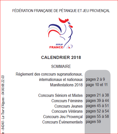 Calendrier de la Fédération Française de Pétanque et Jeu Provençal 2018