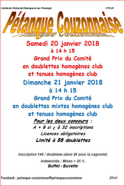 Concours samedi 20 et dimanche 21 janvier 2018  CD69-Couzon au Mont d'Or