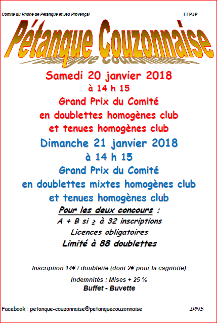 Concours samedi 20 et dimanche 21 janvier 2018 CD69-Couzon au Mont d'Or Concours samedi 20 et dimanche 21 janvier 2018 CD69-Couzon au Mont d'Or