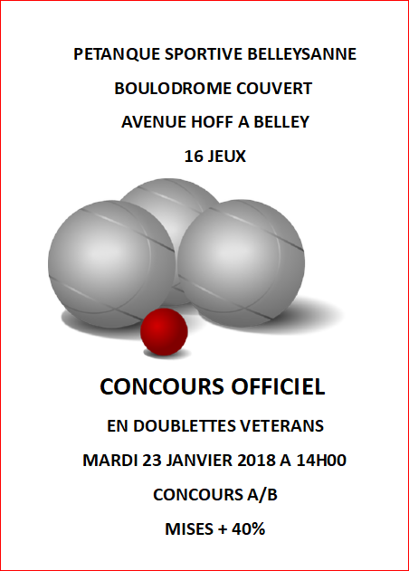 Concours DOUBLETTES VÉTÉRANS PÉTANQUE SPORTIVE BELLEYSANNE Concours DOUBLETTES VÉTÉRANS PÉTANQUE SPORTIVE BELLEYSANNE