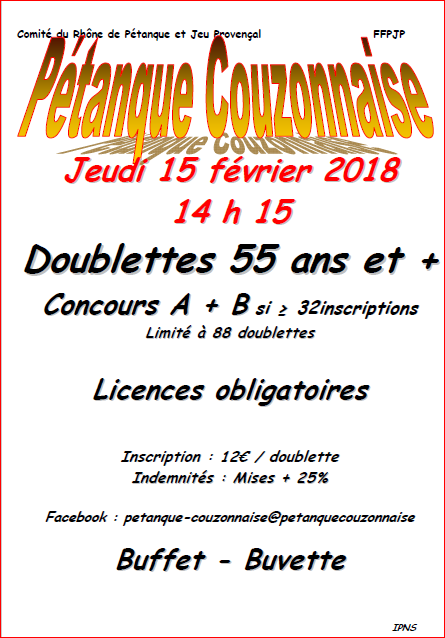 Concours doublette 55 ans et +  du jeudi 15 février 2018 CD69-Couzon au Mont d'Or 