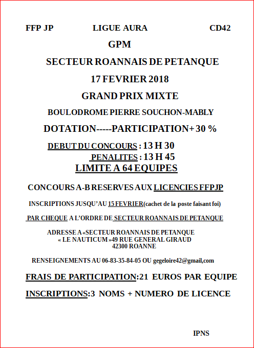 Concours grand prix mixtes triplettes du mercredi 17 fevrier 2018 Concours grand prix mixtes triplettes du mercredi 17 fevrier 2018