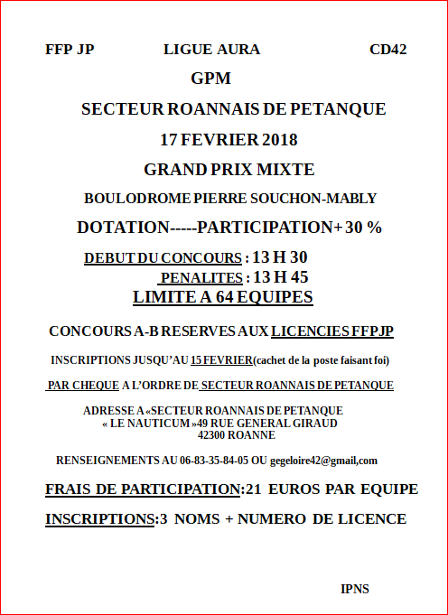 Concours grand prix mixtes triplettes du mercredi 17 fevrier 2018