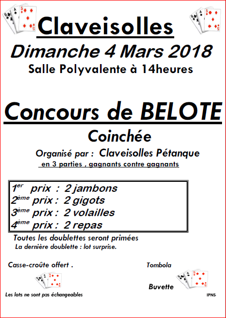 Concours de belote de CLAVEISOLLES PETANQUE du Dimanche 04 Mars 2018