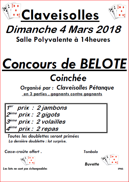 Concours de belote de CLAVEISOLLES PETANQUE du Dimanche 04 Mars 2018 Concours de belote de CLAVEISOLLES PETANQUE du Dimanche 04 Mars 2018