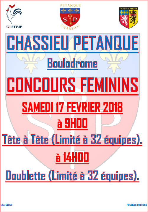 Concours Féminins Tête à Tête + Doublette Samedi 17 Février 2018 Concours Féminins Tête à Tête + Doublette Samedi 17 Février 2018