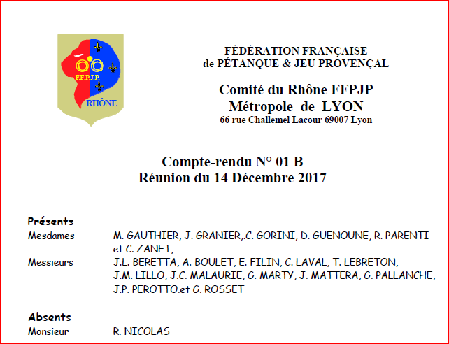Compte-rendu N° 01 B Réunion du 14 Décembre 2017 Compte-rendu N° 01 B Réunion du 14 Décembre 2017