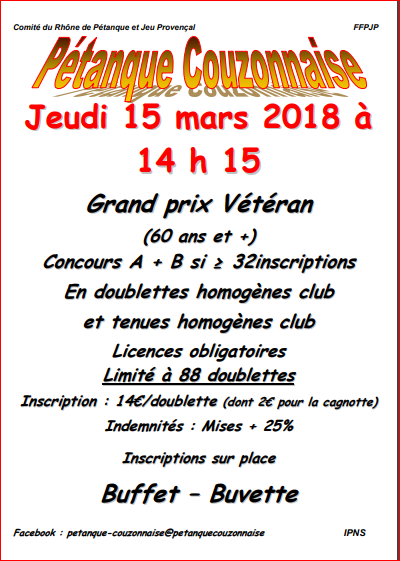 Concours GP Vétérans du jeudi 15 mars 2018  à Couzon.