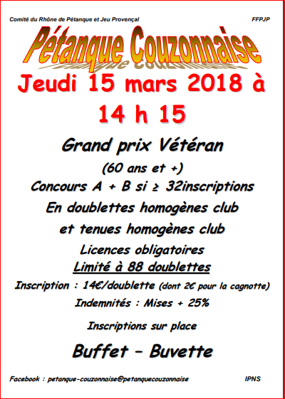 Concours GP Vétérans du jeudi 15 mars 2018 à Couzon. Concours GP Vétérans du jeudi 15 mars 2018 à Couzon.