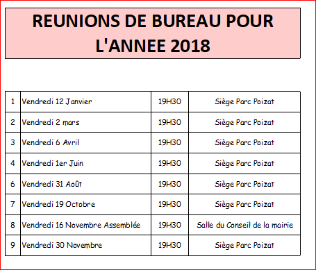 RÉUNIONS DE BUREAU POUR L’ANNÉE 2018