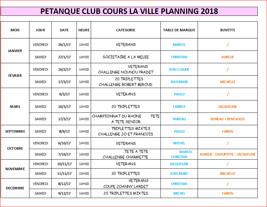 PÉTANQUE CLUB COURS LA VILLE PLANNING TABLES DE MARQUE ET BUVETTE 2018
