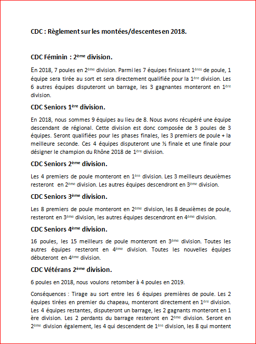 CDC : Règlement sur les montées/descentes en 2018.