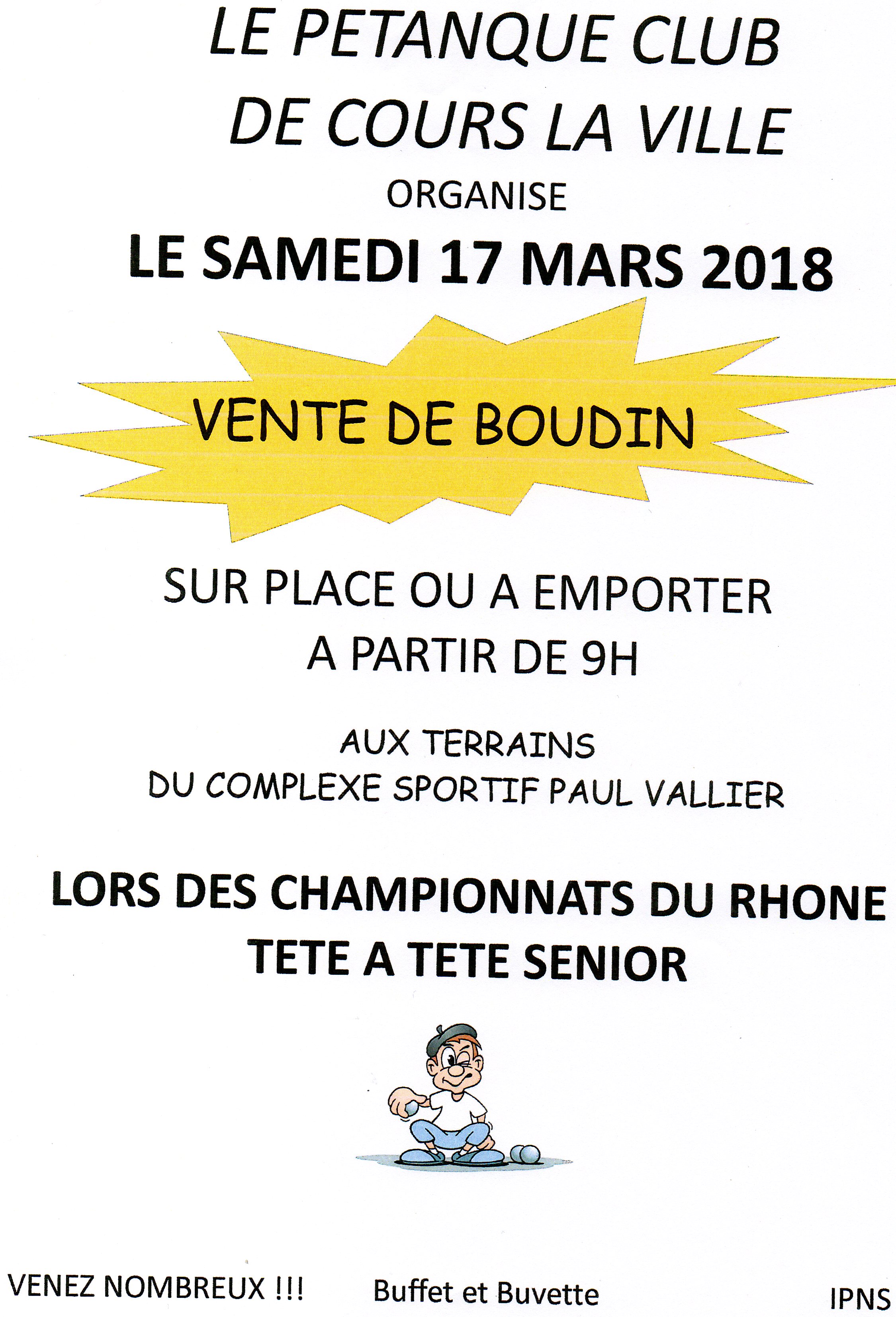 Vente de Boudin samedi 17 mars lors des Championnats du Rhône Tête à Tête