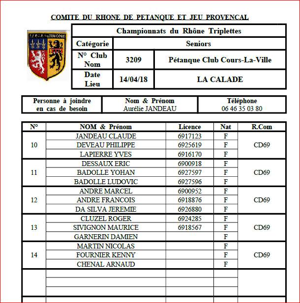 JOUEUR au CHAMPIONNATS DU RHONE triplette SENIOR SAMEDI 14 AVRIL 2018 A LA CALADE VOLET 2