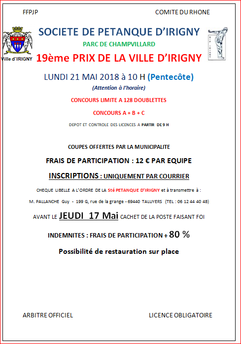 Concours Prix de la ville d'Irigny le Lundi 21 mai 2018