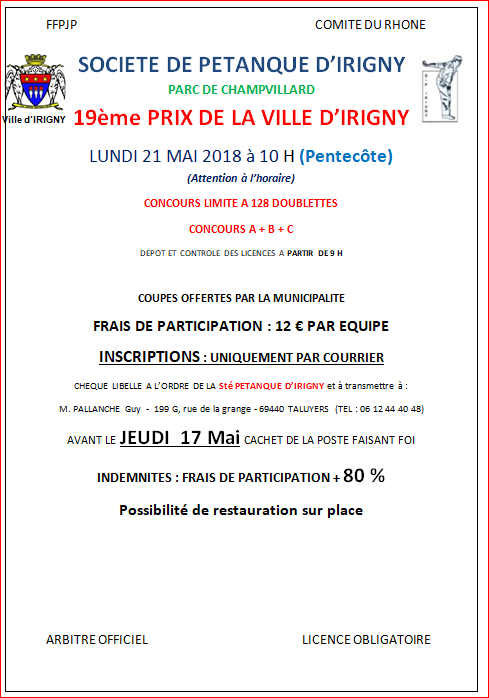 Concours Prix de la ville d'Irigny le Lundi 21 mai 2018 Concours Prix de la ville d'Irigny le Lundi 21 mai 2018