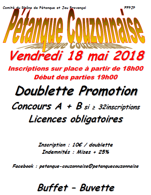Concours doublette promotion à Couzon le vendredi 18 mai 2018