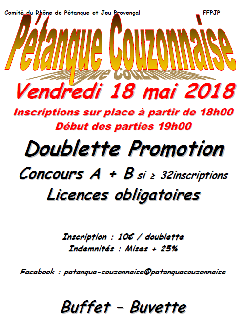 Concours doublette promotion à Couzon le vendredi 18 mai 2018 Concours doublette promotion à Couzon le vendredi 18 mai 2018