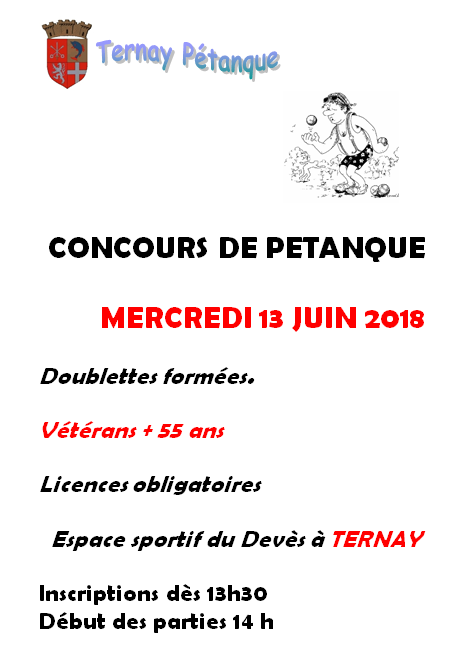 CONCOURS DE PÉTANQUE MERCREDI 13 JUIN 2018 Doublettes formées. Vétérans + 55 ans CONCOURS DE PÉTANQUE MERCREDI 13 JUIN 2018 Doublettes formées. Vétérans + 55 ans