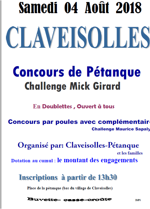 Concours doublettes du Samedi 04 AOUT 2018 à 13 H 30 Concours doublettes du Samedi 04 AOUT 2018 à 13 H 30