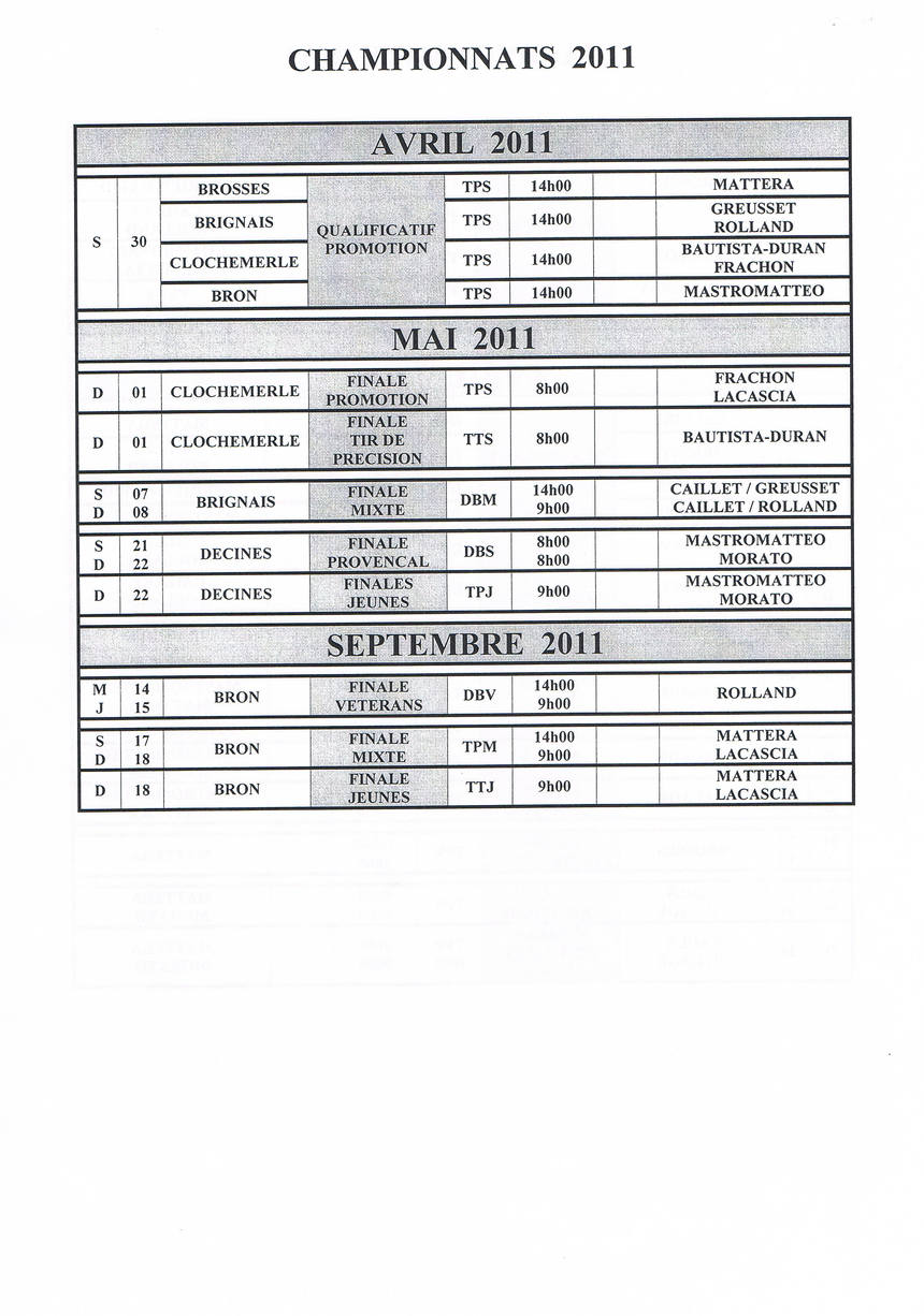 calendrier championnats du Rhône 2011