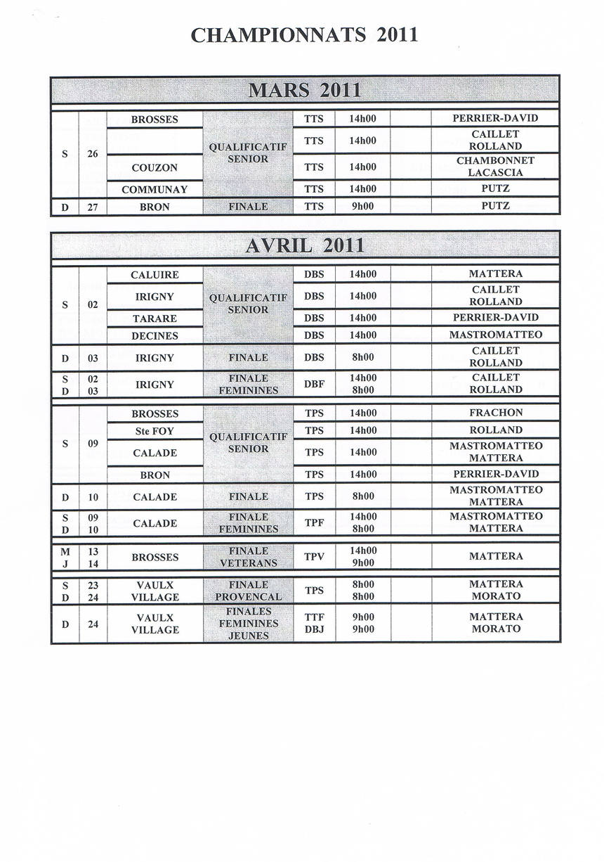 calendrier championnats du Rhône 2011